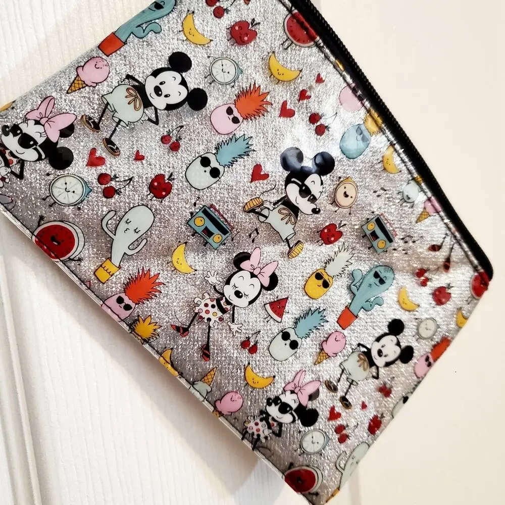 DISNEY Mickey Mouse and Friends zippered silver glittery pouch or bag Size 5x7